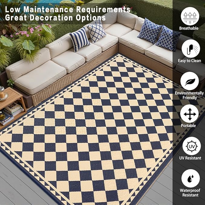 Outdoor Rug for Patios Clearance,Waterproof Mat,Large Outside Carpet,Reversible Plastic Straw Camping Rugs,Rv,Porch,Deck,Camper,Balcony,Backyard (8x10,Checkered/Black&Beige)
