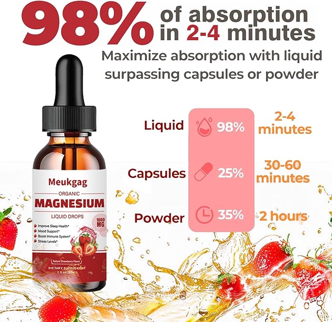 Magnesium Glycinate Liquid - 1000mg Liquid Magnesium Complex Supplement with Bromelain, D3, B6 & K2 - Magnesium Glycinate 500mg for Calm Mood/Muscle & Sleep, Strawberry Flavor, 2fl Oz