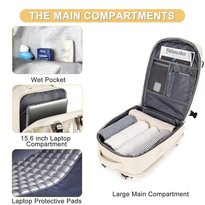 Beige Large Travel Backpack For Women Men Airline Approved Personal Item Backpack For Airlines Carry On Backpack Flight Approved Waterproof Backpack For Traveling On Airplane Weekender Travel Bag