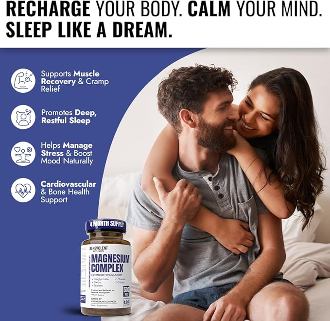 Magnesium Complex Supplement, 4 Month Supply of 500mg 5-in-1 Bisglycinate, Oxide, Taurate, Aspartate, Citrate, Max Absorption Magnesium Supplement for Calm, Sleep & Leg Cramps, 120 Capsule