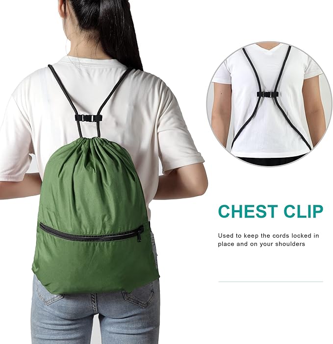 Drawstring Backpack Sports Gym Bag for Women Men Large Size With Two Zipper Pockets and Water Bottle Mesh Pockets