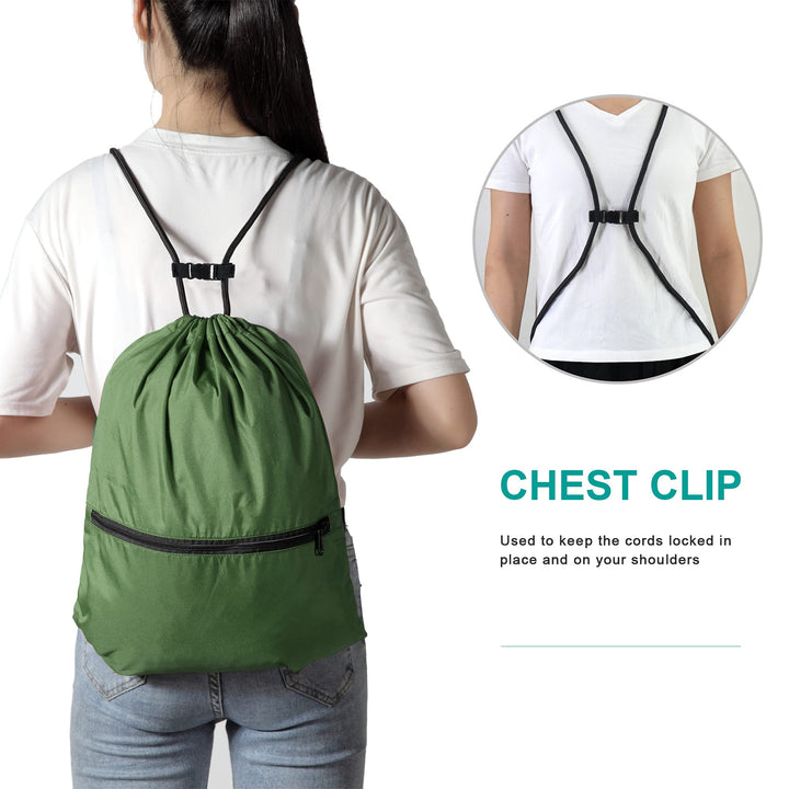 BeeGreen Dark Green Drawstring Backpack with Front Zipper Pocket and Inner Pocket Large 18.5" L x 13.8" W String Sackpack Cinch Sack Gym Sports Workout Bag For Men Women