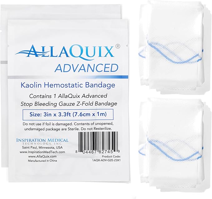 Advanced Kaolin Hemostatic Bandage – Sterile Z-Fold Clotting Gauze (3 in. x 3.3 ft) | Stops Bleeding Fast for Emergency, Trauma, First Aid, and Survival Kits (2-Pack)