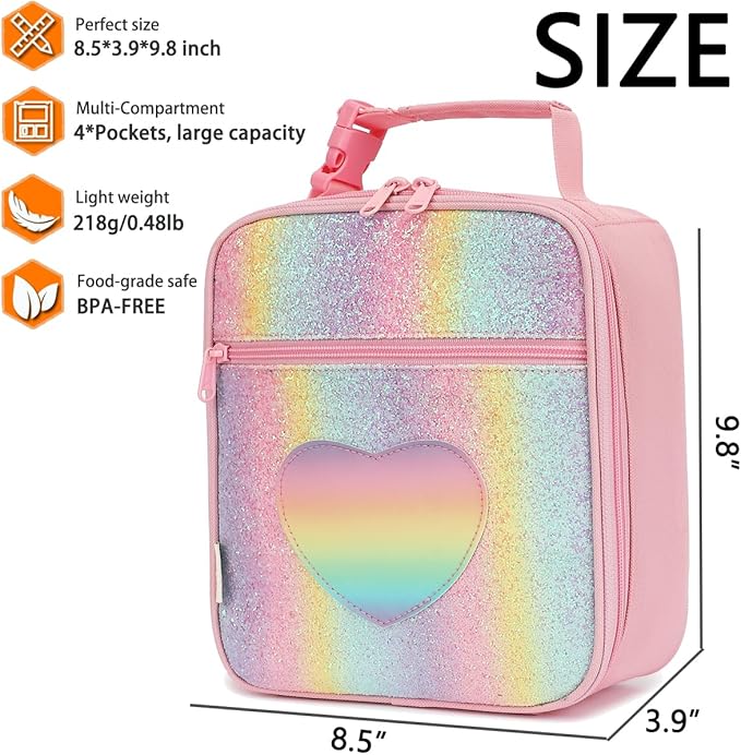Lunch Box for Kids Boys Girls Men Women, Insulated Small Soft Cooler Lunch Bag Kit for School Work Picnic Travel - Reusable Portable lunchbox,Rainbow Heart
