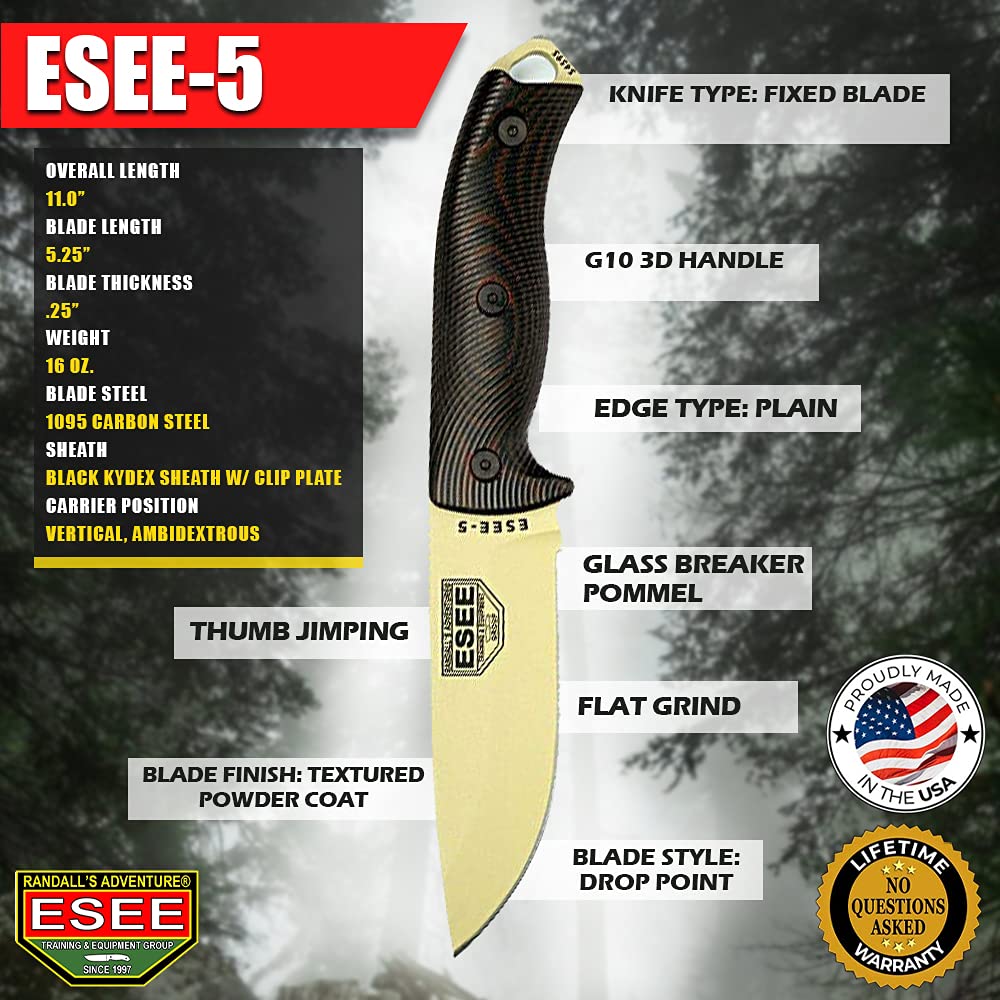 ESEE-5 1095 Carbon Steel, Black Kydex Sheath (Desert Tan Blade, Blood/Black G10 3D Handle)