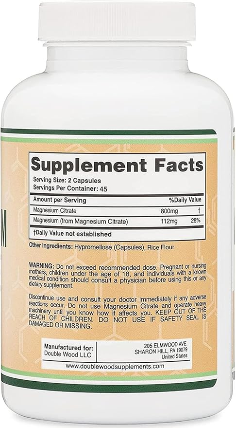 Magnesium Citrate Capsules 90 Capsules (Citrato de Magnesio) 800mg Servings, Vegan Safe, Non-GMO, Gluten Free by Double Wood Supplements