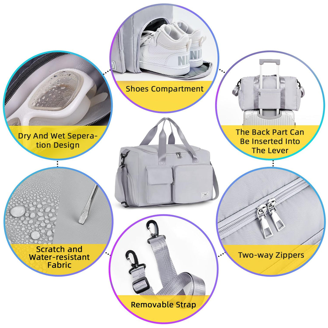 FIORETTO Women's Water-Resistant Gym Duffle Bag with Shoes Compartment, 37L Capacity, Multi-Functional, Ideal for Travel, Gym, Sports, Weekender, with Toiletry Bag, Grey