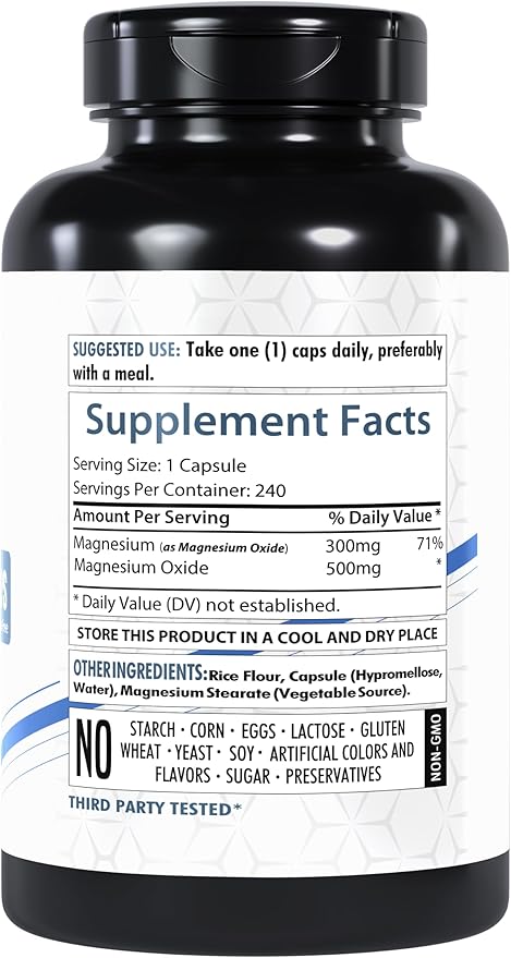 Magnesium Oxide 500mg | 240 Veg Capsules | High-Absorption Formula | Naturally Sourced | Made in The USA