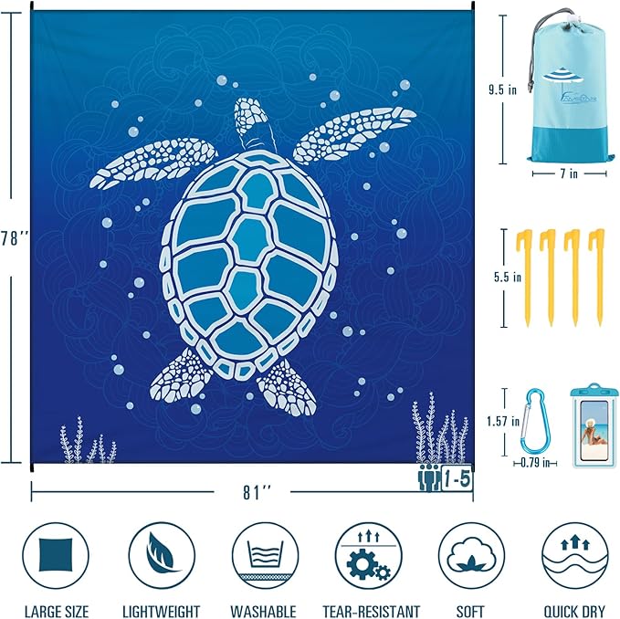 Beach Blanket 78''×81'' 1-5 Adults Oversized,Compact Lightweight Durable Beach Mat for Travel Camping Hiking Picnic Blanket