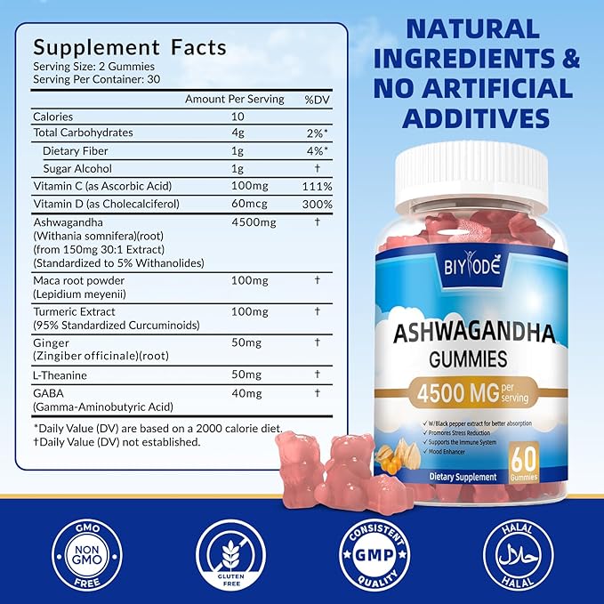 Ashwagandha Gummies for Women & Men： Ashwagandha Herbal Supplement for Stress Relief Immune Support and Calm Mood Vegan Gluten-Free Non-GMO 60 Gummies