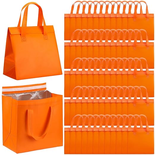 50 Pcs Insulated Take Away Bags Bulk Thermal Insulation Food for Coffee Milk Tea Hot Cold Food Fresh Seafood Cooler Pizza Delivery Bags for Catering Restaurant Grocery (Orange)