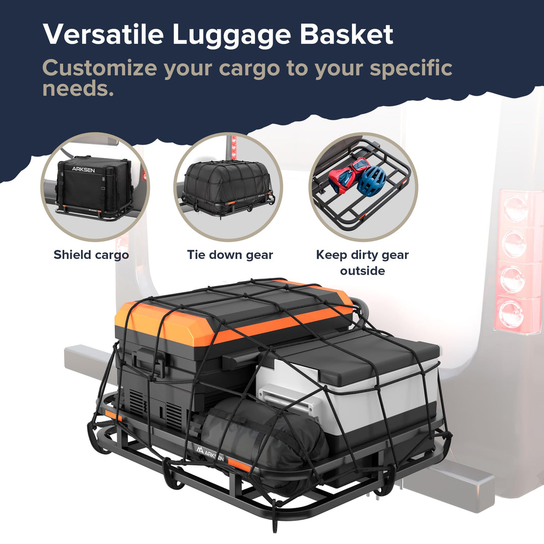 ARKSEN 32 x 26 Inch Bumper Mounted Cargo Rack Carrier with Nylon Net 350 Lbs Heavy Duty Capacity Luggage Basket Hitch Fold Up for RV, Camping, Traveling