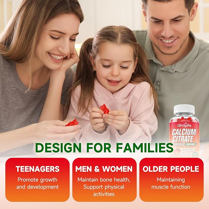 Calcium Citrate Gummies, Sugar Free Calcium Citrate 1000mg for Muscle Healthy, Absorption Calcium Supplements for Adults & Kids, Strawberry, 60 Count