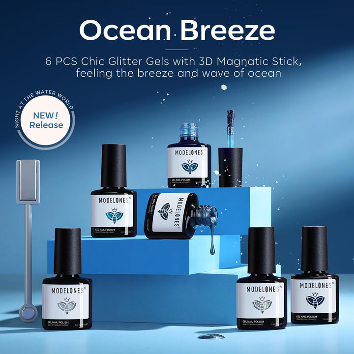 modelones Gel Nail Polish Set 6 Colors Blue Glitter Galaxy Dark Blue 9D Cat Eye Gel Nail Polish with Magnet Light White Shimmer Pearl Soak Off Led Nail Art DIY Salon Gift For Women