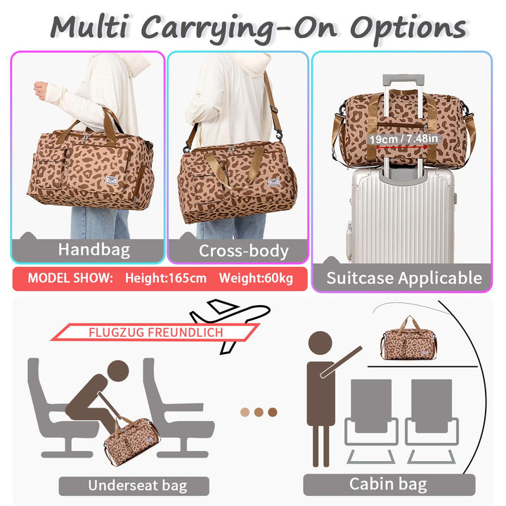 FIORETTO Women's Water-Resistant Gym Duffle Bag with Shoes Compartment, 37L Capacity, Multi-Functional, Ideal for Travel, Gym, Sports, Weekender, Leopard Print