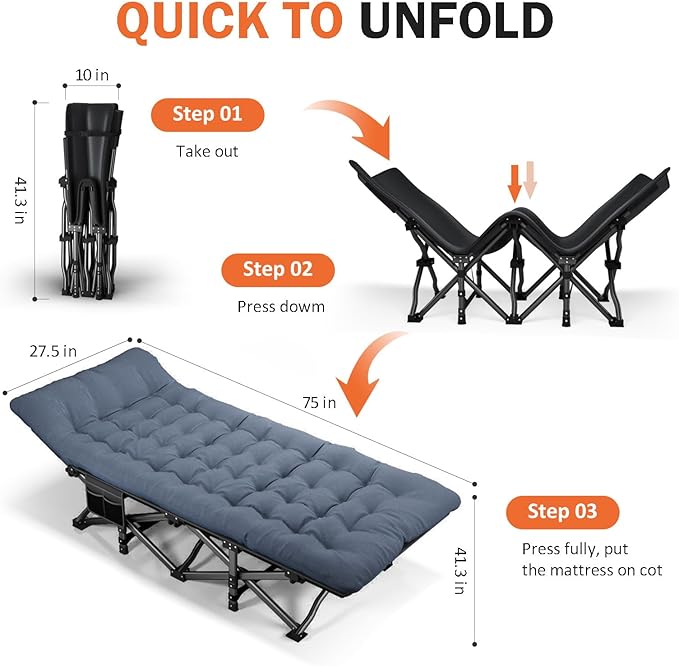 ATORPOK Camping Cot for Adults with Cushion Comfortable,Portable Folding Bed for Sleeping Supports 450 lbs (Blue)