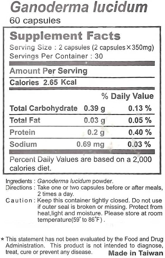 Ganoderma Lucidum (Reishi Mushroom, Ling Zhi) - 99.4% rDNA Proven - 60 Capsules per Bottle, 350mg per Capsule - Made in Taiwan