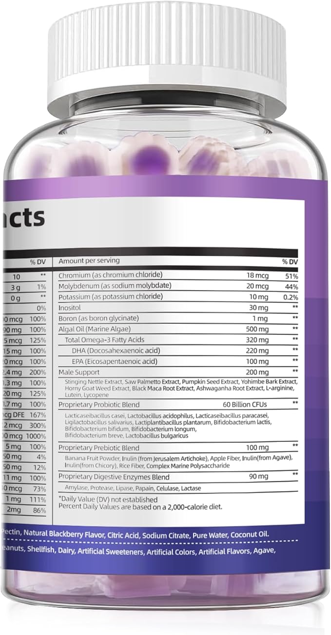 Multivitamin for Men, Mens Multivitamins Gummies w/Omega-3, Probiotics, Inositol, Folate, Biotin, Zinc, Vitamins A, C, D, E, B, - Support Heart, Brain, Muscle, Energy, Sugar-Free, Blackberry Flavor