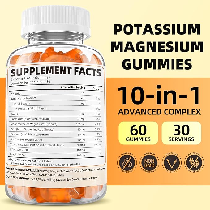 Potassium Gummies for Adults, Potassium Magnesium Supplement for Leg Cramps & Immune Health, Sugar-Free, Vegan Orange Flavors-120 Count