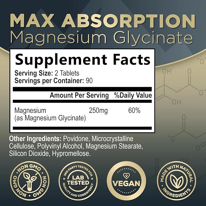 Magnesium Glycinate Chelated for Max Absorption - Supports Bone, Muscle, Nerves & Heart Health, Nature's Sleep and Stress Support, Best Magnesium Supplement Pills for Whole Body Support - 180 Tablets