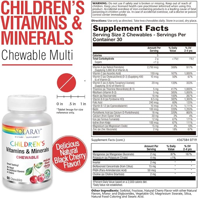 SOLARAY Childrens Vitamins & Minerals Complete Multivitamin for Kids Great Black Cherry Flavor (076280047974) (60 Chews, 30 Serv)
