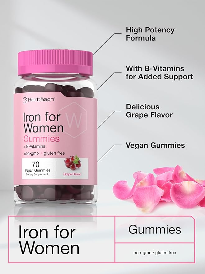 Horbäach Iron Gummies for Women | Supplement with B Vitamins | 70 Count | Grape Flavor | Vegan, Non-GMO & Gluten Free