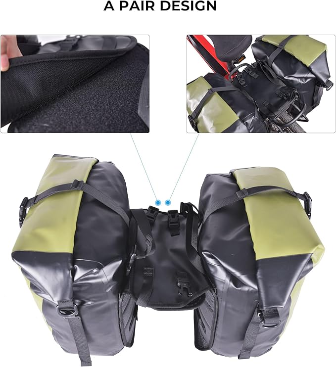 Waterproof Bike Panniers - 50L Saddle Bags for Bicycles Rear Rack - Bike Bag for Grocery, Laptop (Green, 1 Pair)