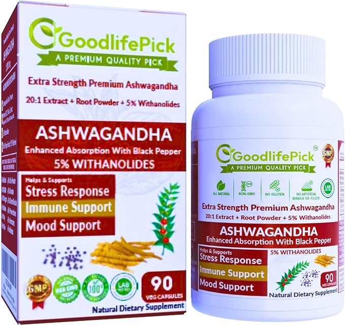 Ashwagandha Capsules with Black Pepper from Pure Ashwagandha Powder & 20:1 Ashwagandha Root Extract with Black Pepper 90 Veg Cap AllNatural NonGMO Vegan NO Rice Powder NO Gluten