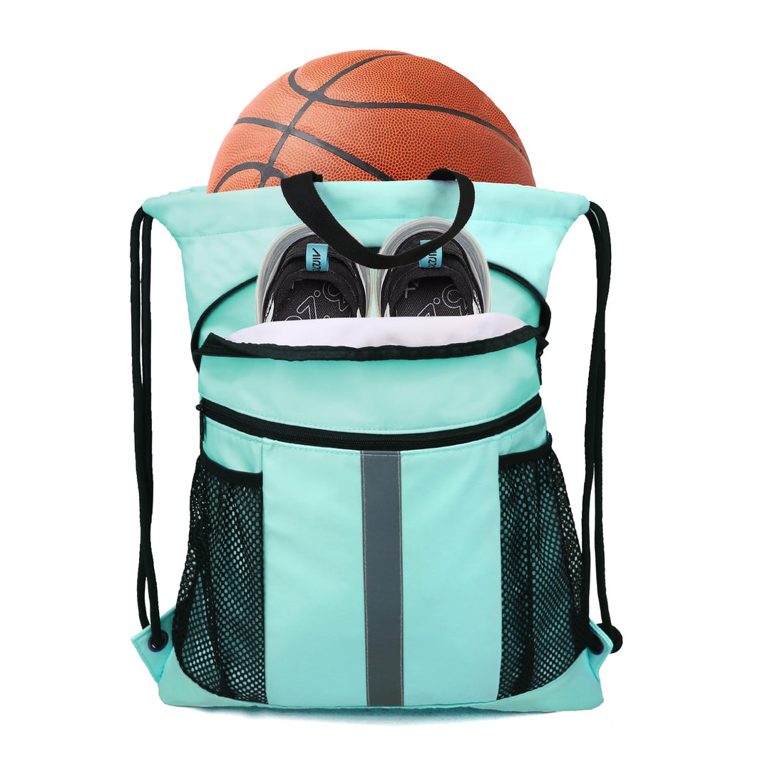 BeeGreen Mint Green Drawstring Backpack Bag with Shoe Compartment X-Large Gym Sports String Cinch Sackpack with Front Inside Zipper Pockets