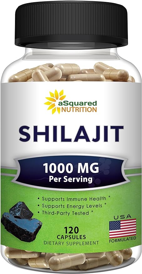 aSquared Nutrition Shilajit 1000mg - 120 Capsules - Pure Shilajit Extract Supplement and Powder Complex Pills - Natural Humic & Fulvic Acid & Trace Minerals - Alternative to Resin & Drops