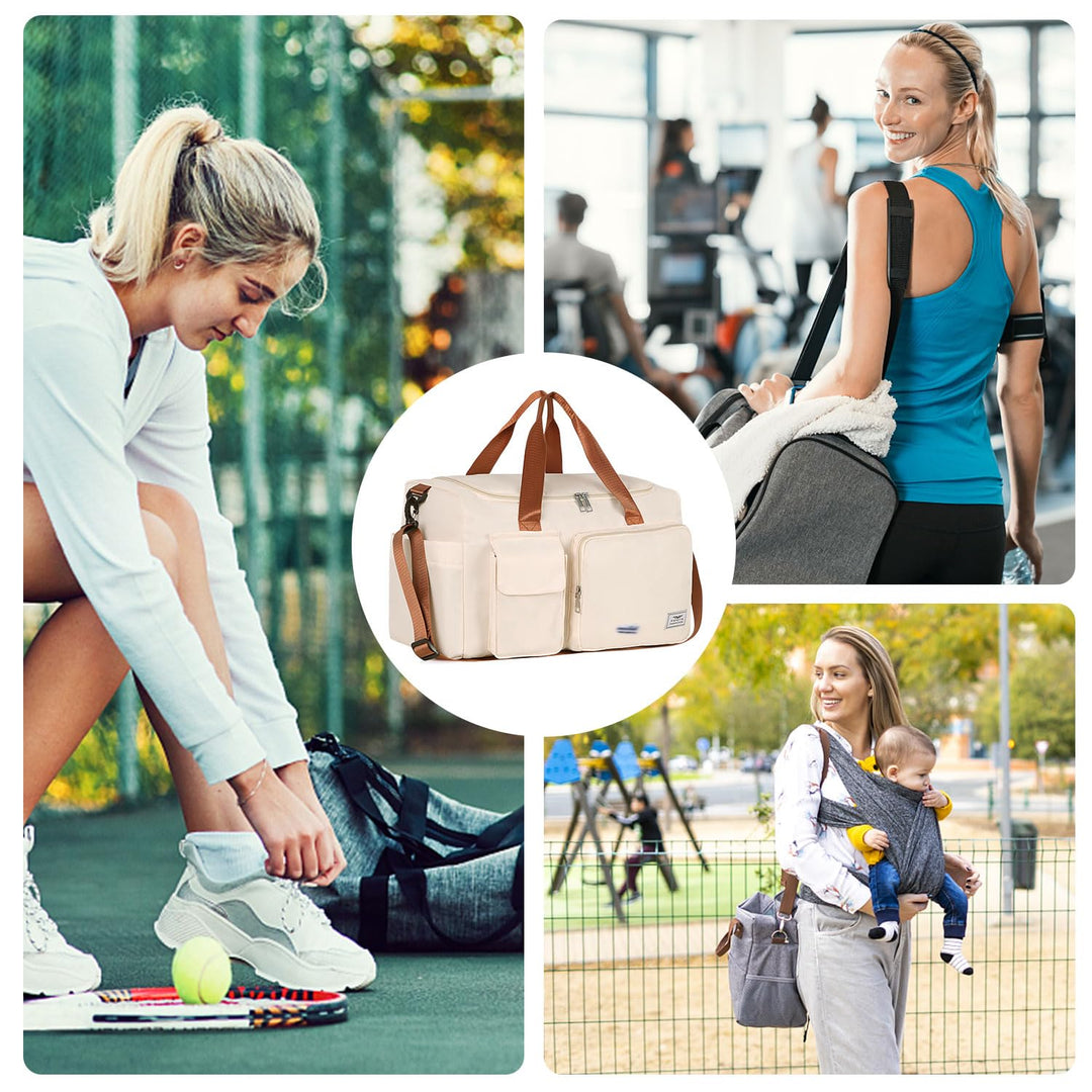 FIORETTO Women's Water-Resistant Gym Duffle Bag with Shoes Compartment, 37L Capacity, Multi-Functional, Ideal for Travel, Gym, Sports, Weekender, with Toiletry Bag, Beige