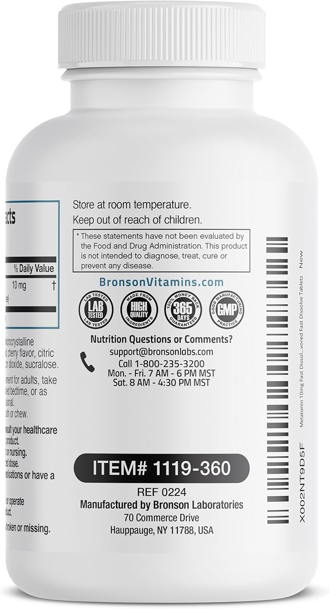 Bronson Melatonin 10mg Fast Dissolve Cherry Flavored Tablets Vegetarian Chewable Lozenges, 360 Count