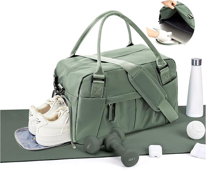 Travel Duffel Bag for Women - Small Waterproof Weekender Tote Carry on Bag with Shoe Compartment, Wet Pocket & Trolley Sleeve - Ideal for Gym, Yoga, Swim, Dance & Workout Green