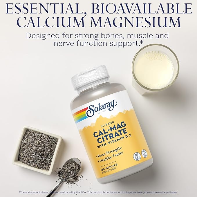Solaray Calcium Magnesium Citrate 2:1 Ratio - Calcium Supplements for Women and Men w/Magnesium and Vitamin D 2 - Bone Health, Muscle and Nerve Support - Vegan, 60-Day Guarantee, 30 Serv, 180 VegCaps
