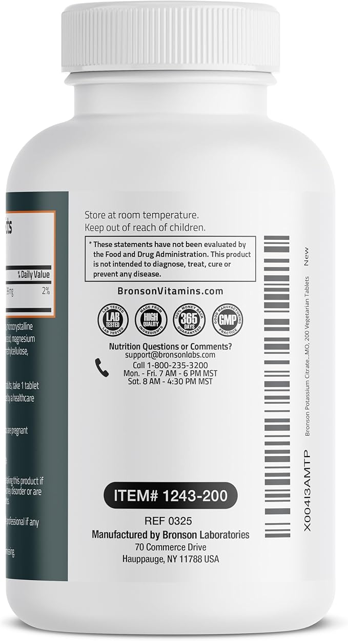 Bronson Potassium Citrate 99mg Essential Mineral Non-GMO, 200 Vegetarian Tablets