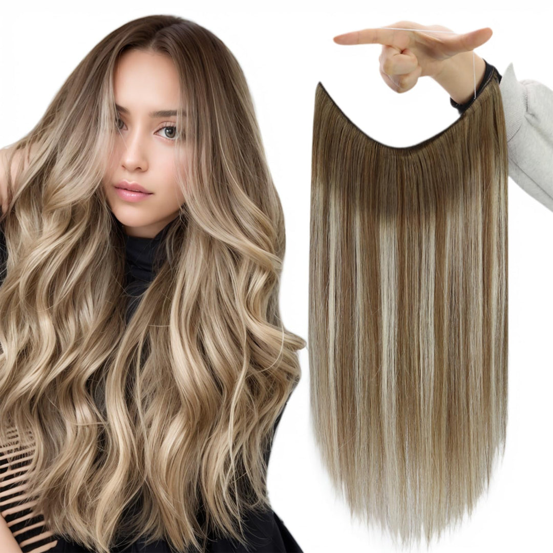 Fshine Invisible Wire Hair Extensions Real Human Hair Brown Remy Hair Hidden Hair Extensions Chestnut Brown Balayage Platinum Bl