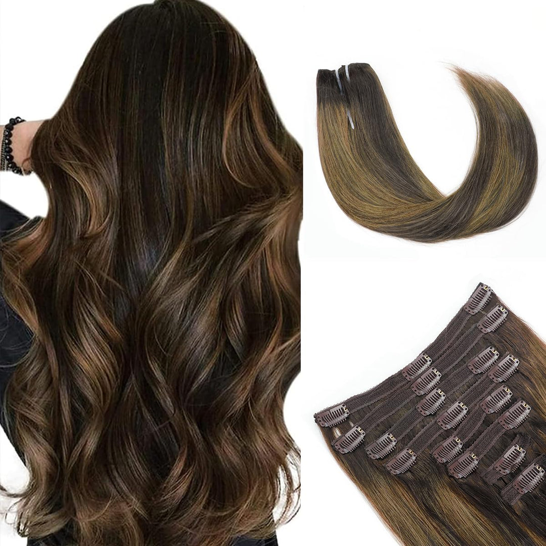 Pobokix Straight Clip In Hair Extensions Real Human Hair 8Pcs Clip In Balayage Dark Brown to Chestnut Brown Human Hair Extensions with 18Clips Lace Weft 120g 14inch