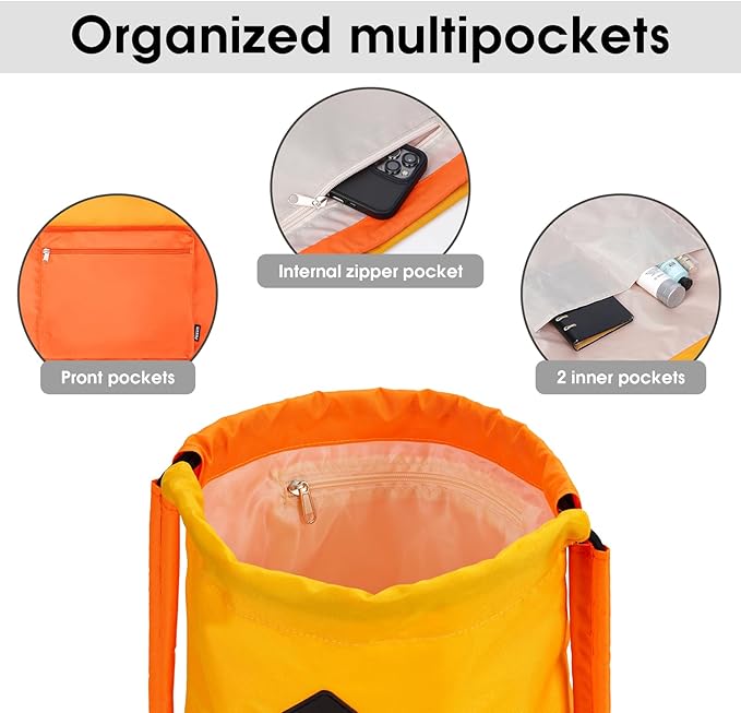 WANDF Drawstring Backpack with Shoulder Pad Sports Gym Backpack with Wet Compartment, Water-Resistant String Bag Cinch Bag for Women Men (Orange with Shoulder Pad)