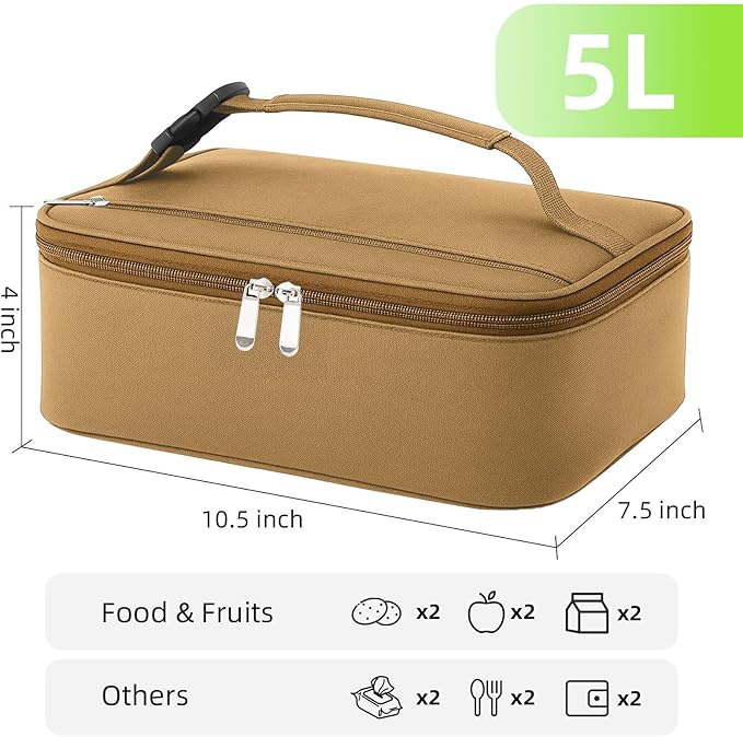 Small Lunch Box Insulated Lunch Bag for Women Men, Bento Kids Lunch Box, Compact Portable Thermal Meal Cooler Bags with Buckle Handle for Work & School, Khaki 5L