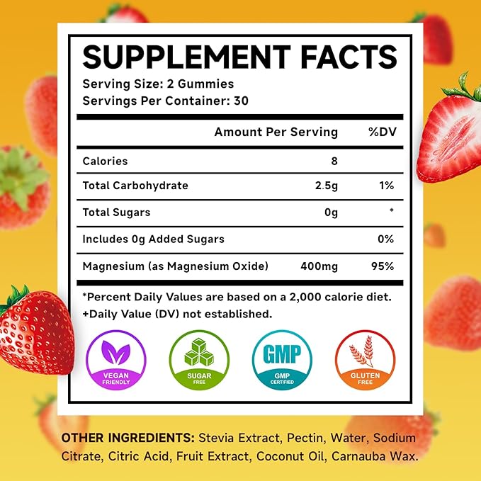 2 Pack Magnesium Oxide Gummies 400mg, Chewable Magnesium Oxide Supplement for Adults & Kids, Nerve & Muscle Support, Non-GMO, Sugar-Free, Strawberry Flavor, 120 Count