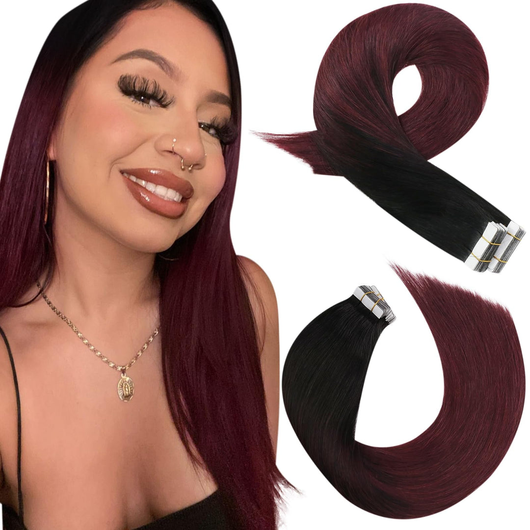 Moresoo Tape in Balayage Hair Extensions Human Hair Seamless Hair Extensions Ombre Off Black to Black with Wine Red Hair Extensions Real Human Hair Tape in Burgundy 12 Inch #1B/99J 20pcs 30g