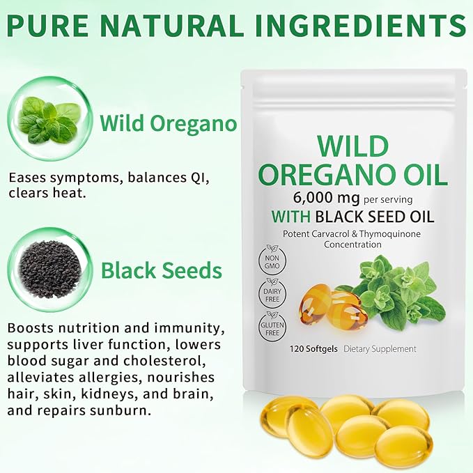 Oil of Oregano Softgels, 120 Count Oregano Oil Capsules, 165mg Carvacrol, 2 in 1 6000mg Oil of Oregano with Black Seed Oil 200mg, Oregano Oil Supplement Capsules