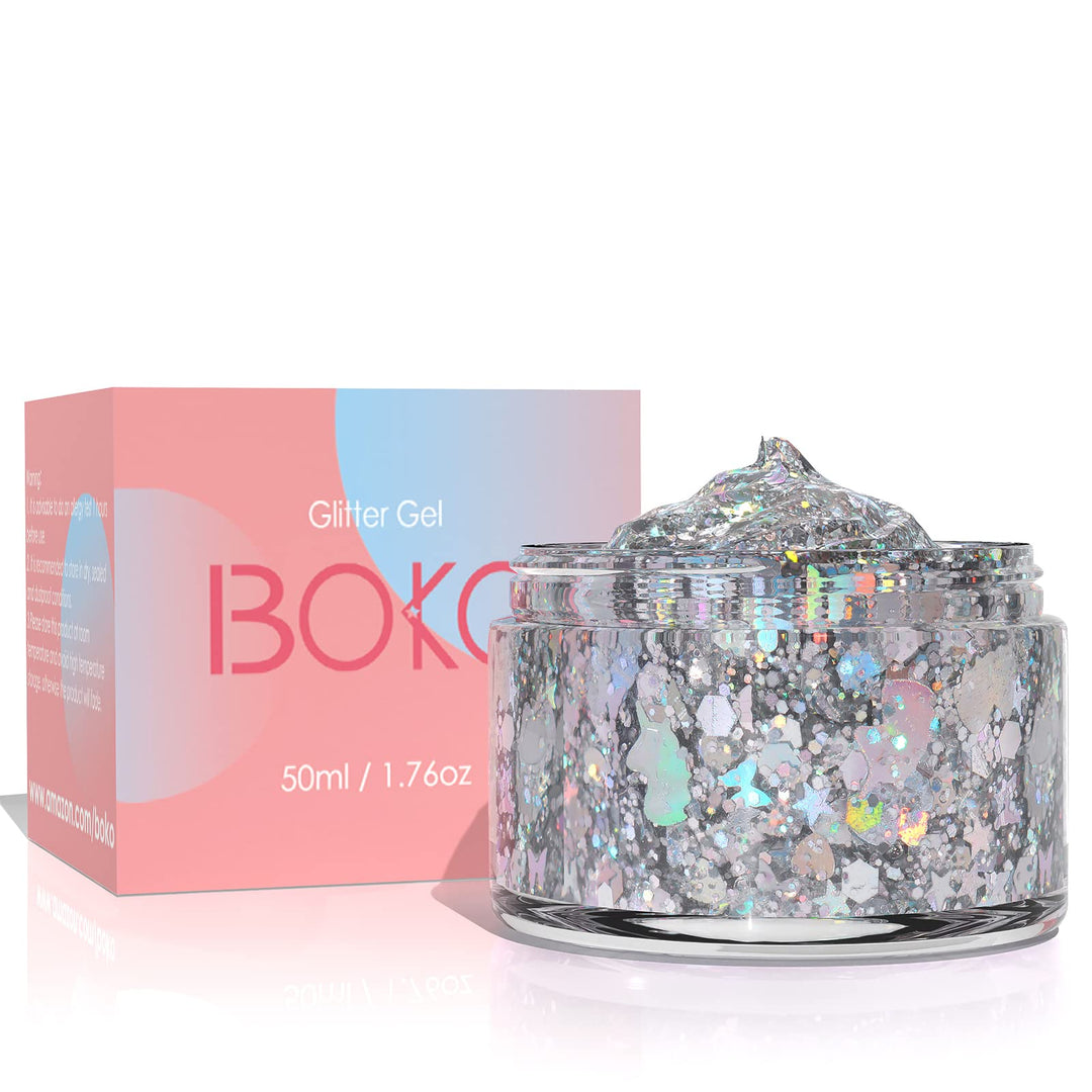 Boko 1.76oz Body Glitter Gel, Holographic Silver Liquid Chunky Glitter Lotion Unicorn Star Sequins for Face Hair and Body Makeup, Halloween Christmas Rave Accessories and Costume - Unicorn Carnival