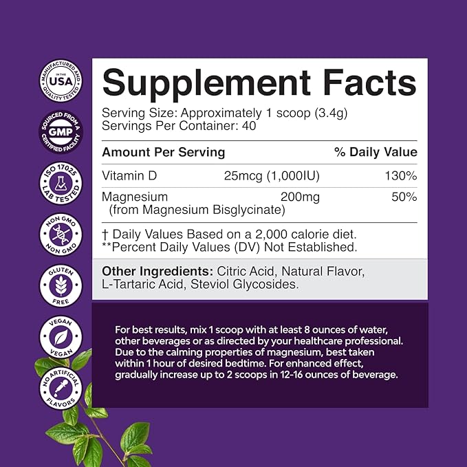 High Absorption Magnesium Glycinate Powder - Vegan Magnesium Powder for Sleep Relaxation & Regularity - Drink Mix Non-GMO Gluten Free & No Artificial Flavors (Honey Lemon) 40 Servings