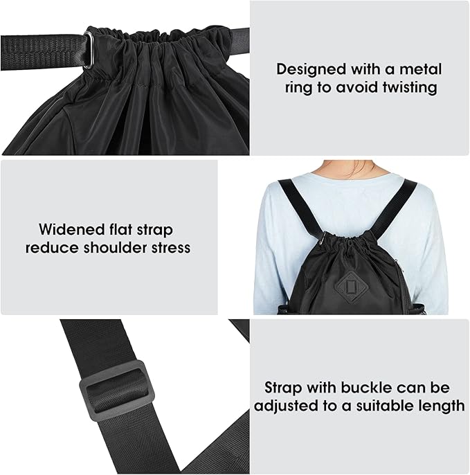 WANDF Drawstring Backpack Sports Gym Bag with Shoes Compartment, Water-Resistant String Backpack Cinch for Women Men (Small,Black)