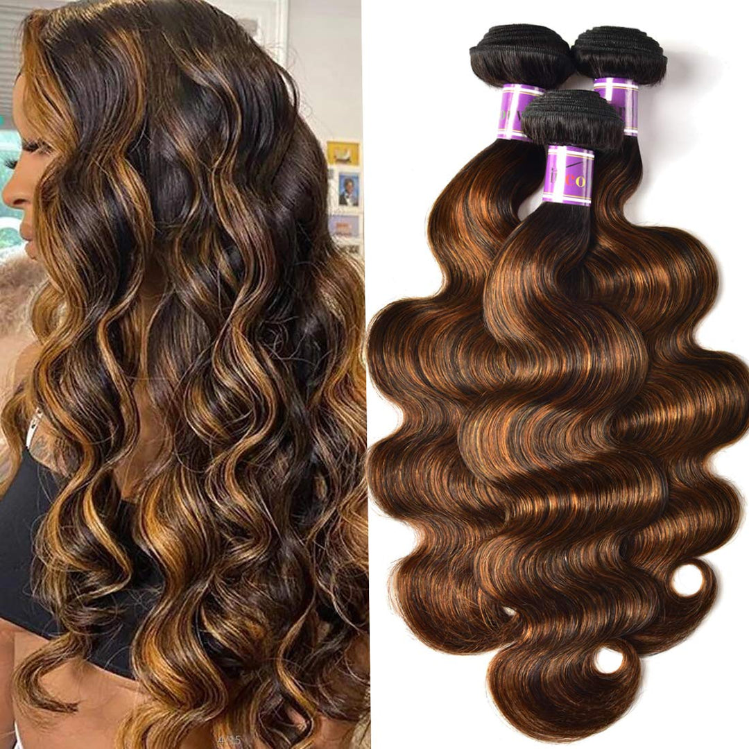 Unice Brown Highlight Body Wave Human Hair Weave 3 Bundles 18 20 22 Inch, Brazilian Remy Hair Ombre Blonde Human Hair Wavy Weave