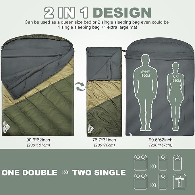 AGEMORE Sleeping Bag for Adults, Double and Single Size, Lightweight Portable Camping Sleeping Bag with Draft Tubes, Fit for Warm & Cold Weather Camping Hiking Backpacking Or Traveling