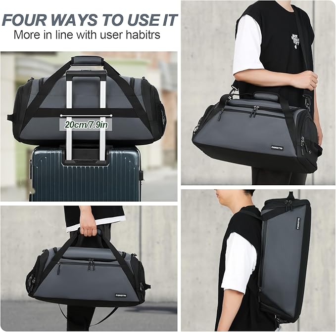 FIORETTO 43L Mens Sports Gym Bag with Wet Pocket & Shoe Compartment, Travel Duffle Bag Overnight Bag with Padded Shoulder Strap, Holdall for Swimming, Basketball, Football Grey