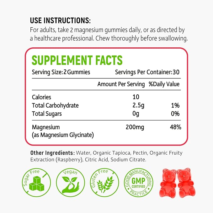 Magnesium Glycinate Gummies, High Absorption Magnesium Glycinate Supplements for Relaxation, Magnesium Chews for Adults and Kids, Raspberry Flavor 120 Count