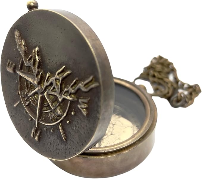 Antique Brass Compass with Detachable Chain & Carrying Case – Vintage Nautical Navigation Tool for Outdoor Hiking, Survival, and Travel – Gift for Collectors and Adventurers